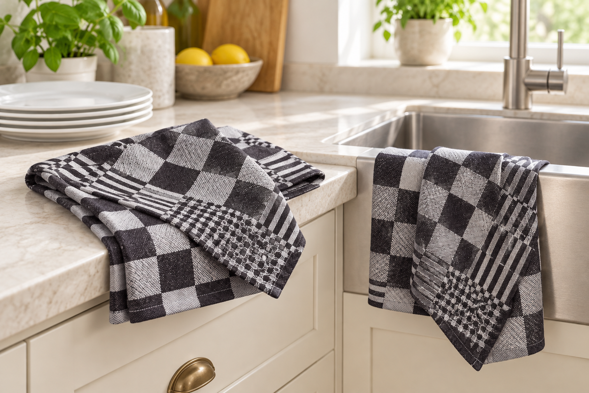 Torchons en coton à carreaux noir-blanc – 65 × 65 cm – lot de 6